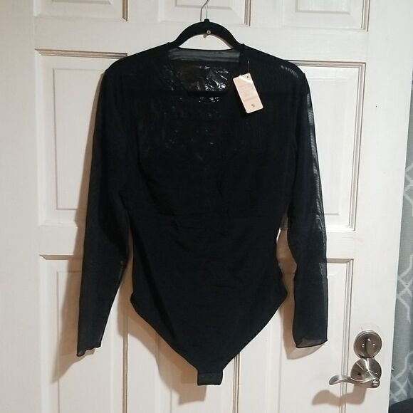 New Popilush Sheer Mesh Shapewear Long Sleeve Thong Bodysuit in Black - Picture 3 of 14